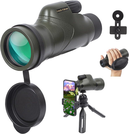 Monoculaires étanches Fetch Falcon 12x50 IPX7 avec support de téléphone, trépied, dragonne – Optique BAK4 FMC, HD Army Green (submersibles sous 1 M pendant 30 minutes AUCUNE fuite)