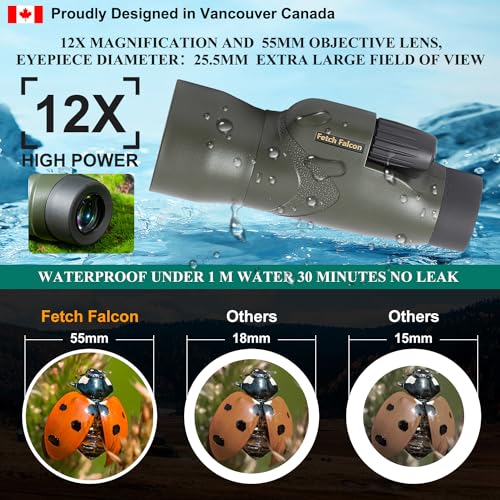 Fetch Falcon 12x50 IPX7 Nitrogen-Filled BAK4 FMC Monoculars(Fifth  Generation,Eyepiece 25.5cm Under 1 M Water 30 Minutes NO Leak) with  Designed Phone 