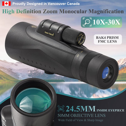 Fetch Falcon 10-30x50 High Power FMC BAK4 HD Zoom Monocular with Smartphone Adapter, Tripod, Hand Strap for Star Bird Watching Wildlife Travel Camping Hiking